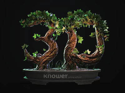Unique Bonsai Tree With Twisted Trunks Lush Green Leaves In Round Pot Featuring Knower Text 3d model