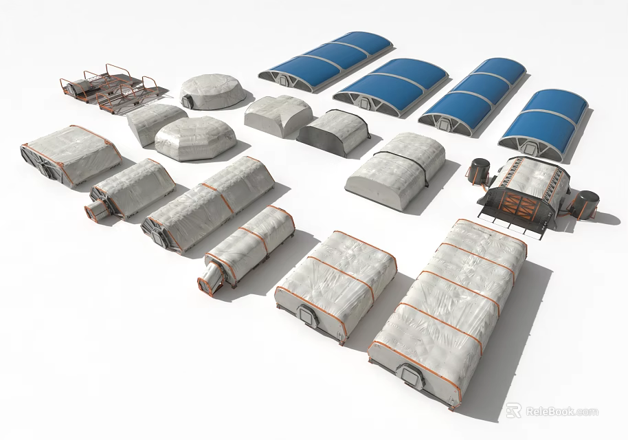 Various Cover Structures Featuring Blue Gray Canopies And Metal Frame Supports 3d model 