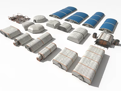 Various Cover Structures Featuring Blue Gray Canopies And Metal Frame Supports 3d model