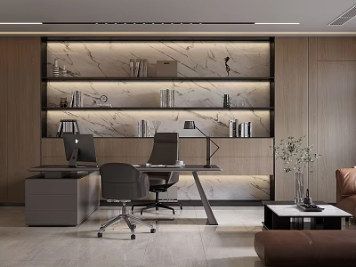 Modern Office Interior With Desk Office Chair Marble Bookshelf Books Decorations Sofa And Green Plant 3d model