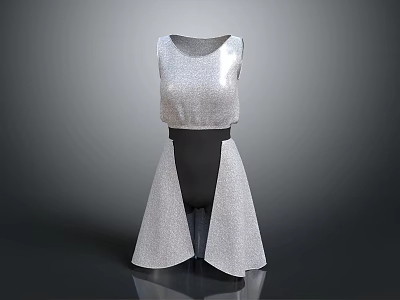 Sleeveless Silver Glitter Dress With Black Waistband And Flowy Skirt Design 3d model