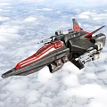 Advanced Sci Fi Spaceship With Red And Black Design Flying Above Clouds
