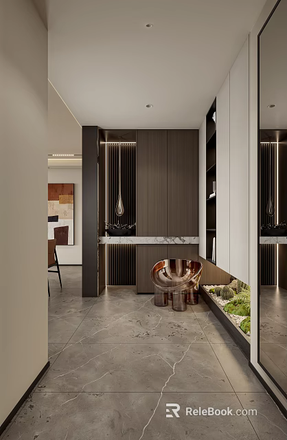 Elegant Modern Entryway Hallway Interior With Wooden Cabinets Mirror Decor And Green Plants 3d model 