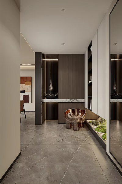 Elegant Modern Entryway Hallway Interior With Wooden Cabinets Mirror Decor And Green Plants 3d model