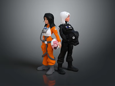 Children's Action Figures With Orange Spacesuit Pink Helmet And Black Uniform White Black Hair 3d model