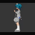 Blue Haired Cartoon Character In Gray Top Blue Shorts With Hammer Bag And Roller Skates