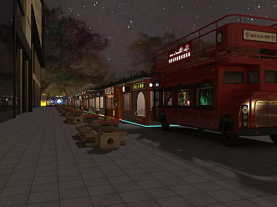 Starry Night Commercial Street With Red Double Decker Bus Benches Shops and Illuminated Lights 3d model