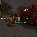 Starry Night Commercial Street With Red Double Decker Bus Benches Shops and Illuminated Lights
