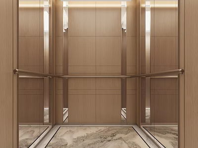 Modern Luxurious Elevator Interior Design With Wooden Walls Metal Handrails And Marble Flooring 3d model