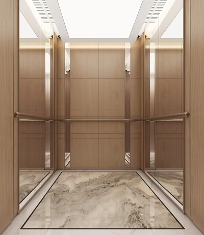 Modern Luxurious Elevator Interior Design With Wooden Walls Metal Handrails And Marble Flooring 3d model