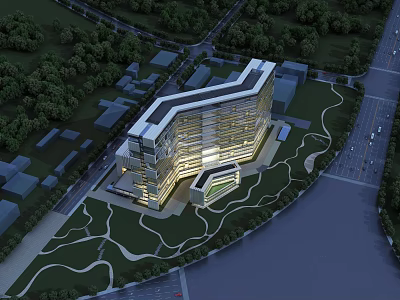 Modern Office Building Aerial View With Glass Facade Greenery And Roads 3d model