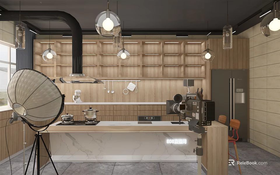 Modern Public Office Space Featuring Open Layout Wooden Shelves Pendant Lights And Workstations 3d model 