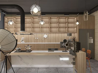 Modern Public Office Space Featuring Open Layout Wooden Shelves Pendant Lights And Workstations 3d model