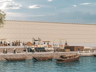 Scenic Waterfront Landscape With Ancient City Wall Wooden Boats And Blue Sky 3d model