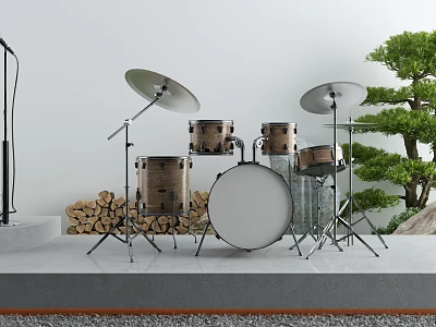 Acoustic Drum Set With Cymbals Microphone Stand Near Wood Logs And Bonsai Tree 3d model