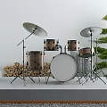 Acoustic Drum Set With Cymbals Microphone Stand Near Wood Logs And Bonsai Tree