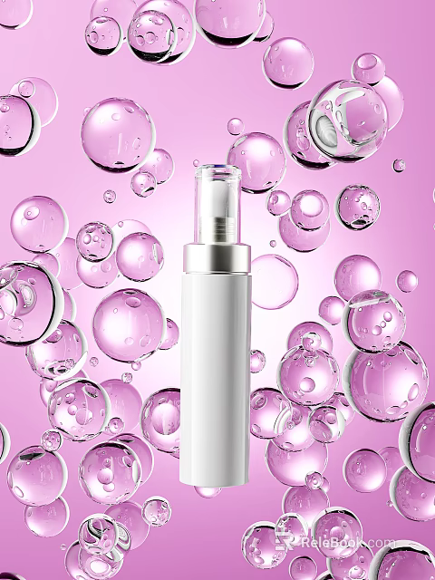 Elegant White Perfume Cosmetics Bottle With Pink Bubbles And Soft Background 3d model 