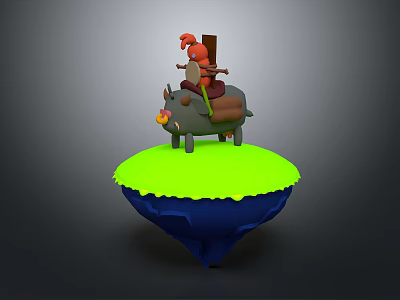Cartoon Decorative Ornament Set with Floating Island Green Grass Character Riding Animal Orange Headed Green Bag 3d model