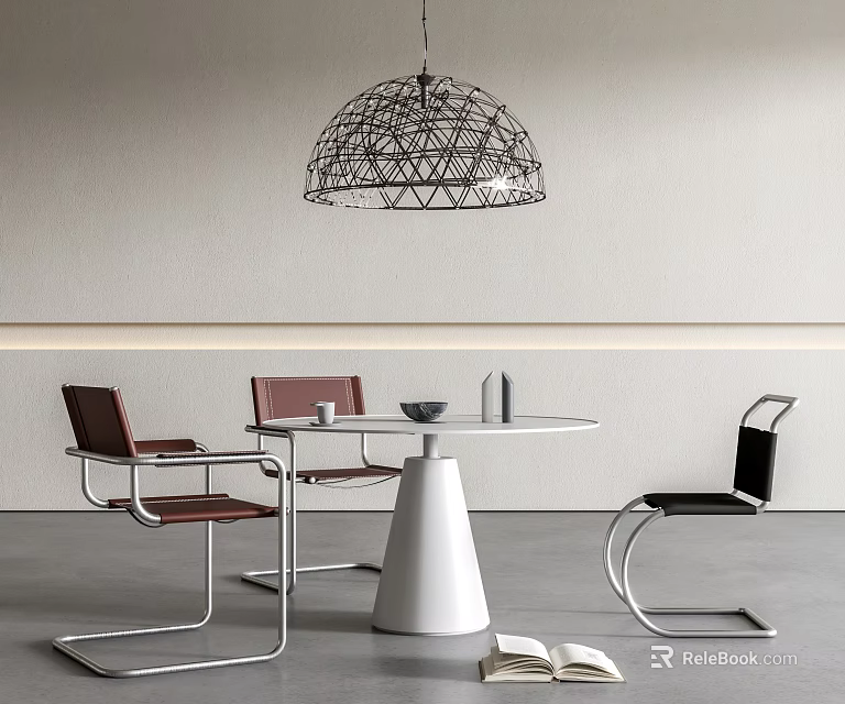 Modern Dining Table Set With Round White Table Metal Frame Chairs And Geometric Pendant Light 3d model