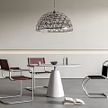 Modern Dining Table Set With Round White Table Metal Frame Chairs And Geometric Pendant Light 3d model