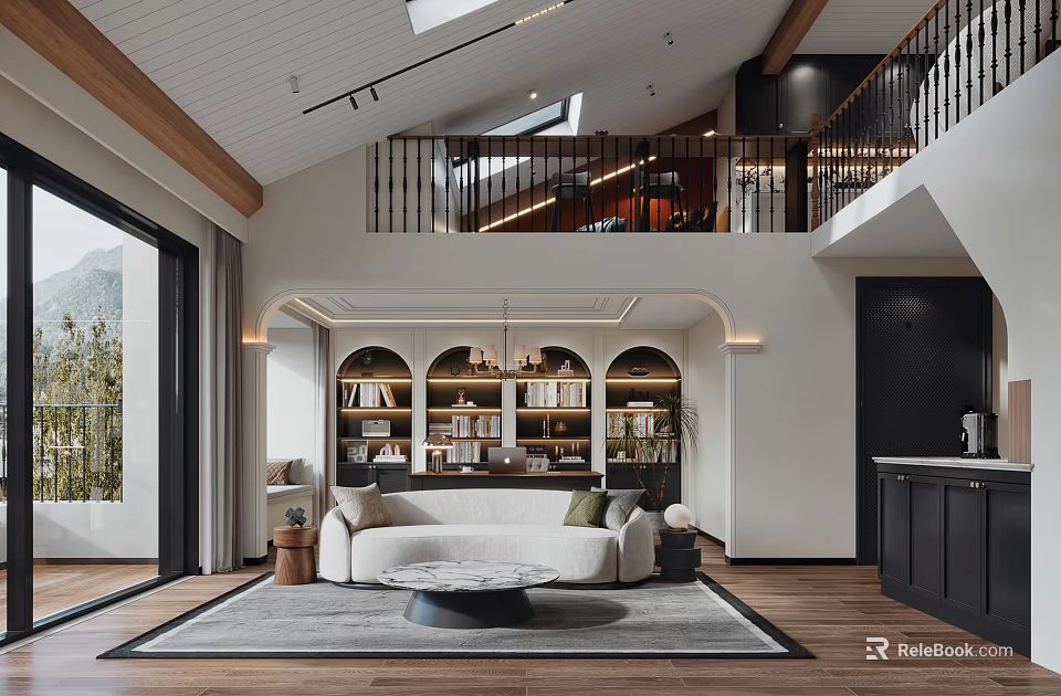 Modern Living Dining Room With Arched Bookshelves White Sofa Round Coffee Table Skylight And Wooden Flooring 3d model 