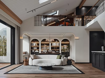 Modern Living Dining Room With Arched Bookshelves White Sofa Round Coffee Table Skylight And Wooden Flooring 3d model