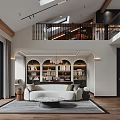 Modern Living Dining Room With Arched Bookshelves White Sofa Round Coffee Table Skylight And Wooden Flooring