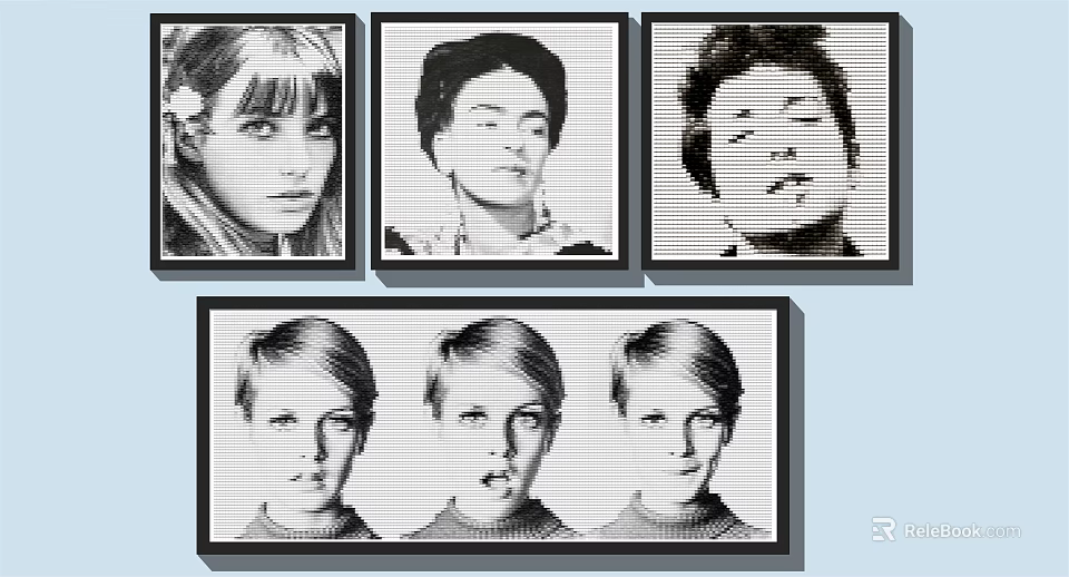 Black And White Framed Portrait Paintings With Multiple Faces And Expressions 3d model 