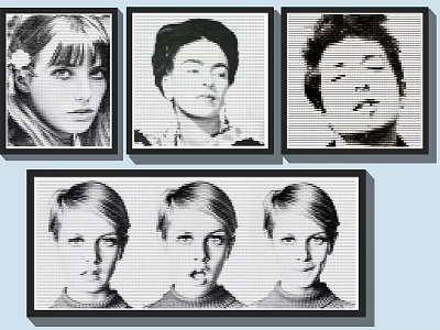 Black And White Framed Portrait Paintings With Multiple Faces And Expressions 3d model