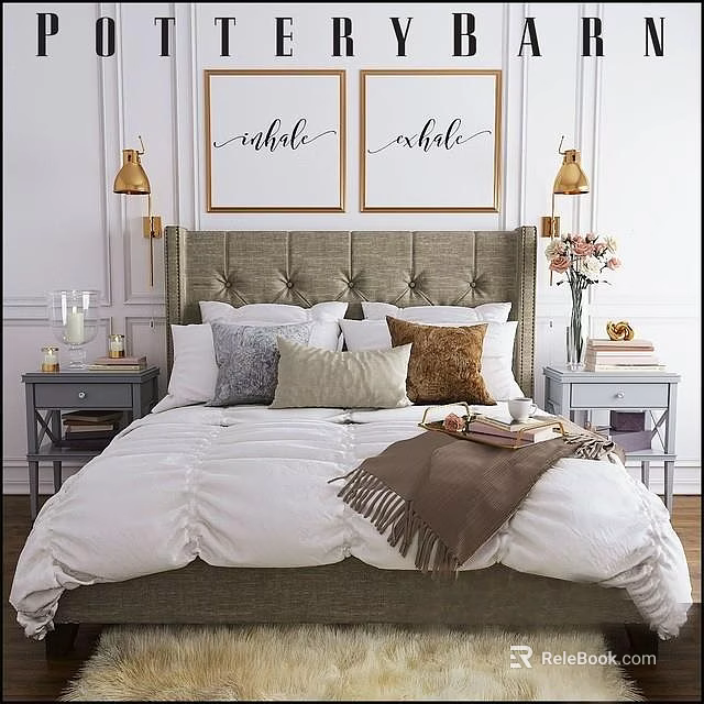Cozy Double Bed With Gray Upholstered Headboard Multiple Pillows Gold Wall Lamps And Framed Art 3d model 