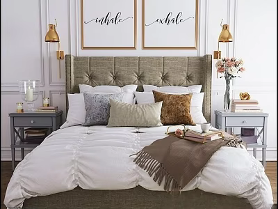 Cozy Double Bed With Gray Upholstered Headboard Multiple Pillows Gold Wall Lamps And Framed Art 3d model