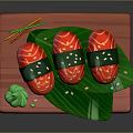 Vibrant Sushi Rolls On Red Wooden Plate With Green Wasabi And Leaf