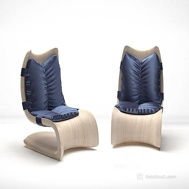 Modern Single Chair With Curved Wooden Frame And Navy Blue Padded Cushions 3d model 