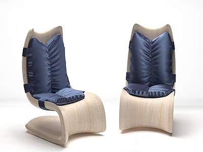Modern Single Chair With Curved Wooden Frame And Navy Blue Padded Cushions 3d model