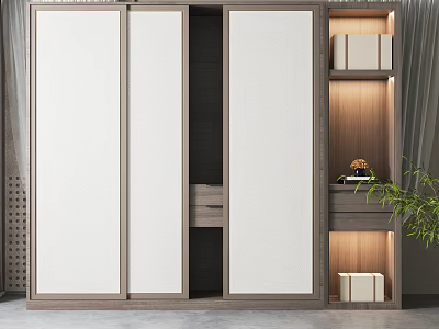 Modern Minimalist Wardrobe Interior Design with Sliding Doors Open Shelves and Lighting 3d model