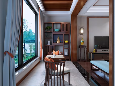 Elegant New Chinese Style Living And Dining Room Interior Design With Wooden Furnishings And Large Windows 3d model