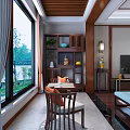 Elegant New Chinese Style Living And Dining Room Interior Design With Wooden Furnishings And Large Windows