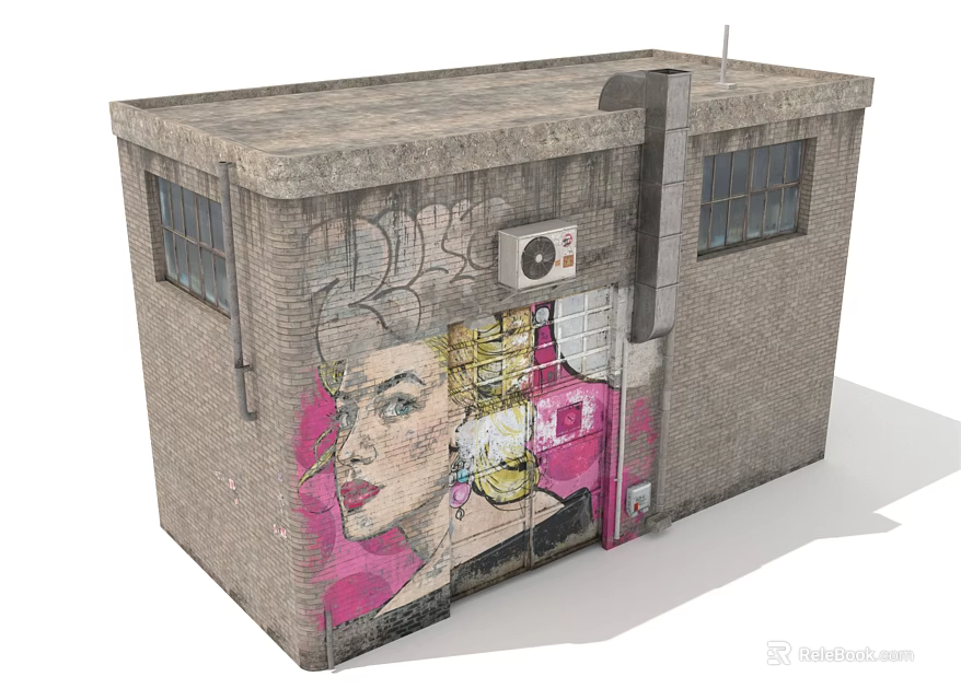 Urban Brick Building Exterior With Colorful Graffiti Mural And Street Art Design 3d model 