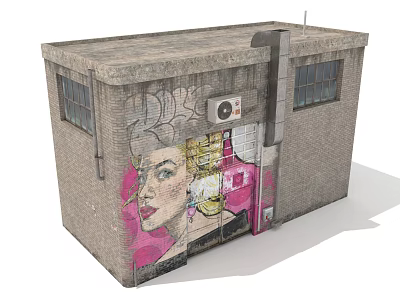 Urban Brick Building Exterior With Colorful Graffiti Mural And Street Art Design 3d model