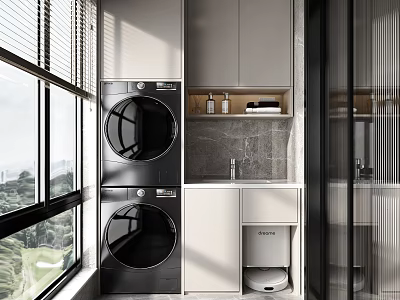 Modern Home Balcony With Stacked Washing Machine Dryer Sink Cabinets And Green Outdoor View 3d model
