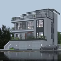 Modern Detached Villa Exterior Three Story Design With Balconies Garage And Waterfront Greenery