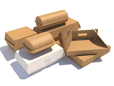Paper Food Container Set With Various Shapes Brown And White For Takeout Packaging 3d model