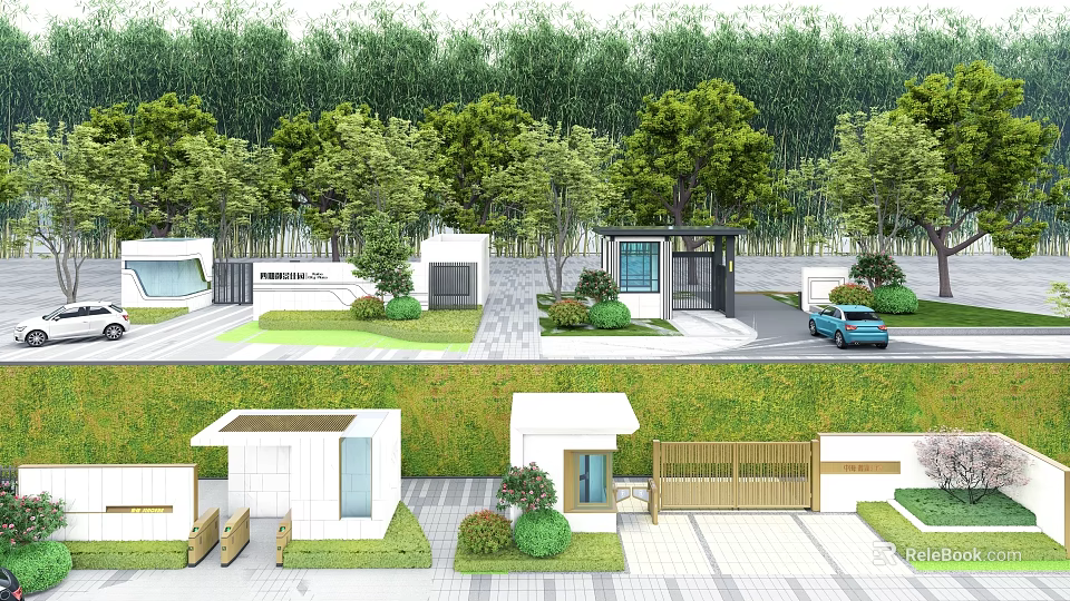 Modern Entrance Gate Design With Green Trees Driveway And Landscaped Area 3d model 