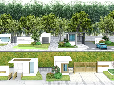 Modern Entrance Gate Design With Green Trees Driveway And Landscaped Area 3d model