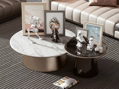 Decorative Ornament Set With Round Marble Table Black Small Table Photo Frames And Robot Figurines 3d model