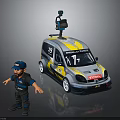 Small Car with Yellow Gray Livery Roof Mounted LIDAR Device and Standing Operator Character