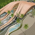 Hotel Building With Brown Curved Roof Design Surrounded By Palm Trees Beach And Swimming Pool