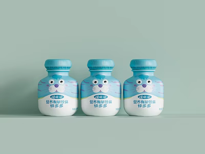 Cute Kids Beverage Bottles with Blue Caps and Cartoon Cat Faces for Children 3d model
