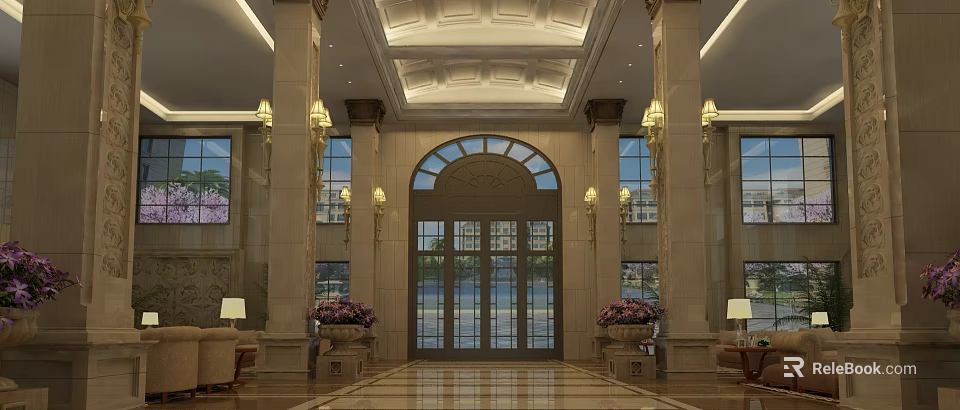 Luxurious Hotel Lobby With Ornate Ceiling Decorative Columns Arched Entrance Door And Marble Floor 3d model 