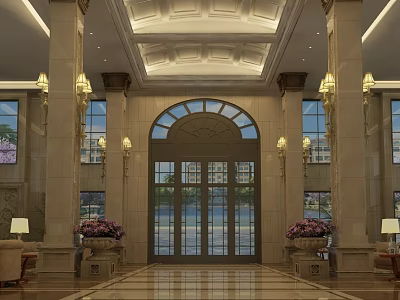 Luxurious Hotel Lobby With Ornate Ceiling Decorative Columns Arched Entrance Door And Marble Floor 3d model